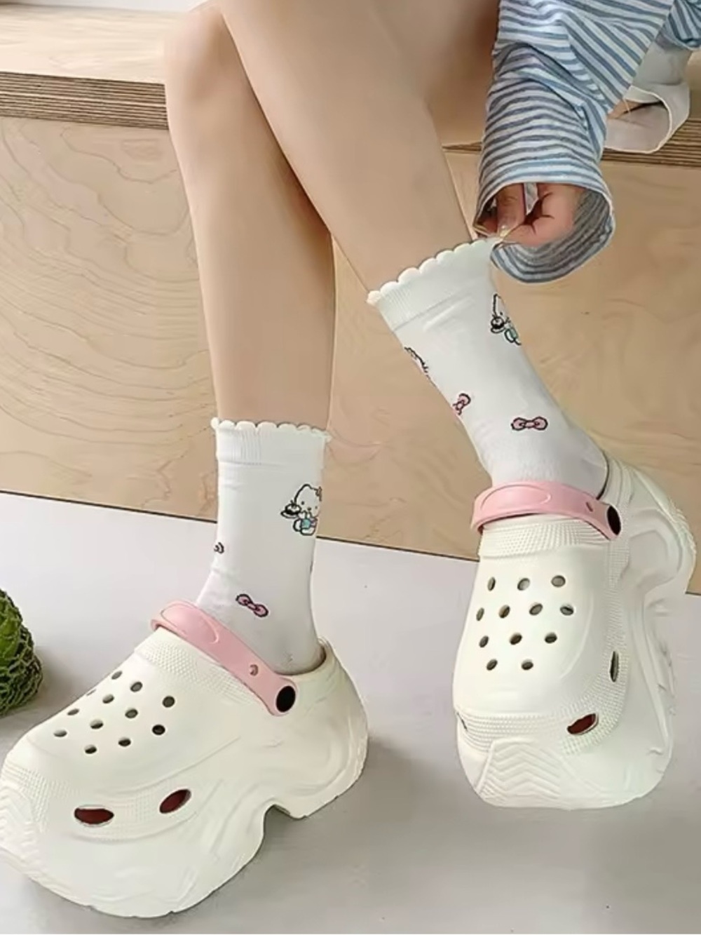 Women’s Cream Platform Clogs with Pink Heel Strap